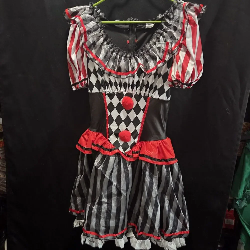 Harlequinn Clown Costume Adult M 8-10 Black Red White W/Extra Hair Ext *NO HAT - Picture 2 of 12
